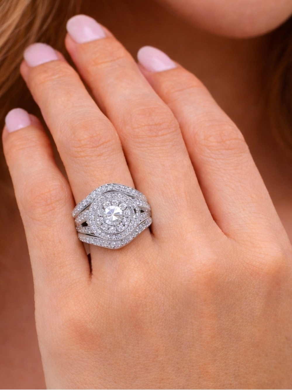 Helzberg Diamond 14K 1  1/3 CTW RD White Gold Halo Bridal Wedding Ring Set​